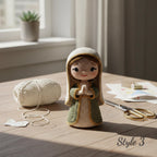 A crocheted praying angel doll stands on a wooden table in a softly lit room, with a ball of cream yarn, scissors, and papers nearby. The doll has a cream hood and body with olive green and tan outer layers, and the words 'Style 3' appear in the lower right corner.
