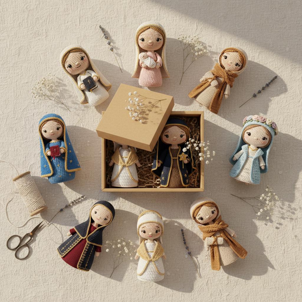 A styled flat-lay of handmade knitted dolls arranged around an open kraft gift box on a textured cream surface. The dolls wear varied garments in beige, blue, red, and brown tones, with some small dried flowers and sewing props like scissors and thread around them.