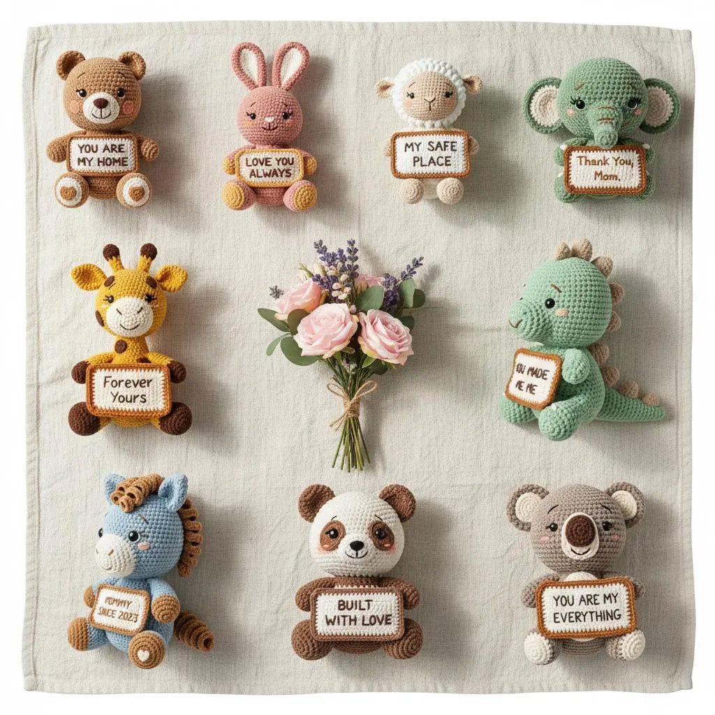 A set of nine crocheted animal plush toys arranged on a light beige fabric background, each holding a small sign with a message. A small bouquet of pink and purple flowers is placed in the center.