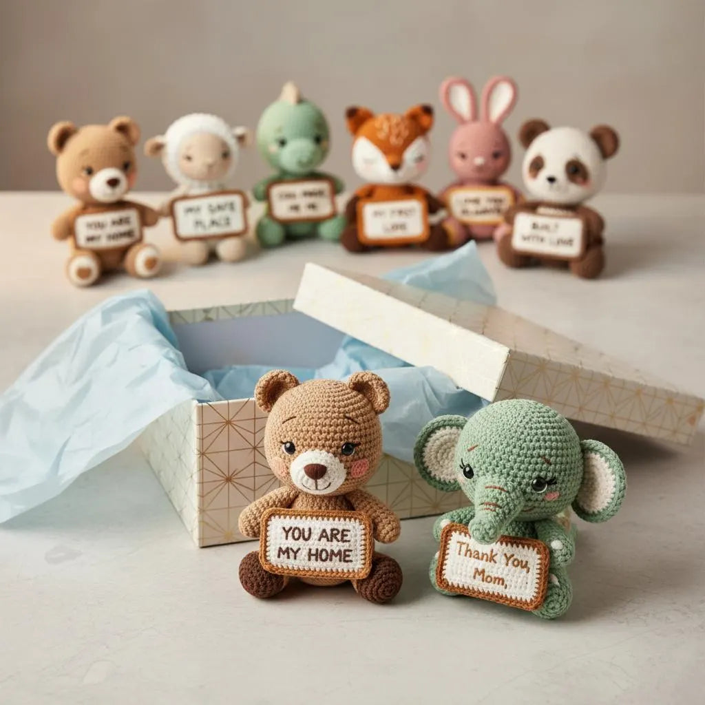 A set of crocheted plush animal figurines holding personalized sign plaques, displayed in front of and around an open gift box with tissue paper. The animals include a brown teddy bear, a white sheep, a green turtle, a fox, a pink rabbit, a panda bear, and a green elephant.