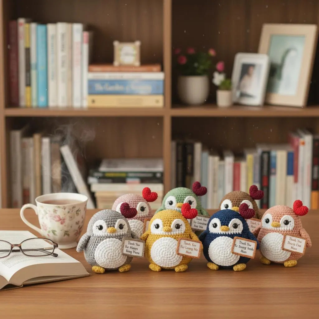 A group of small crocheted penguin figurines arranged on a wooden table in front of a bookshelf. The penguins are in different colors including gray, yellow, green, blue, brown, and pink, each holding a small sign.