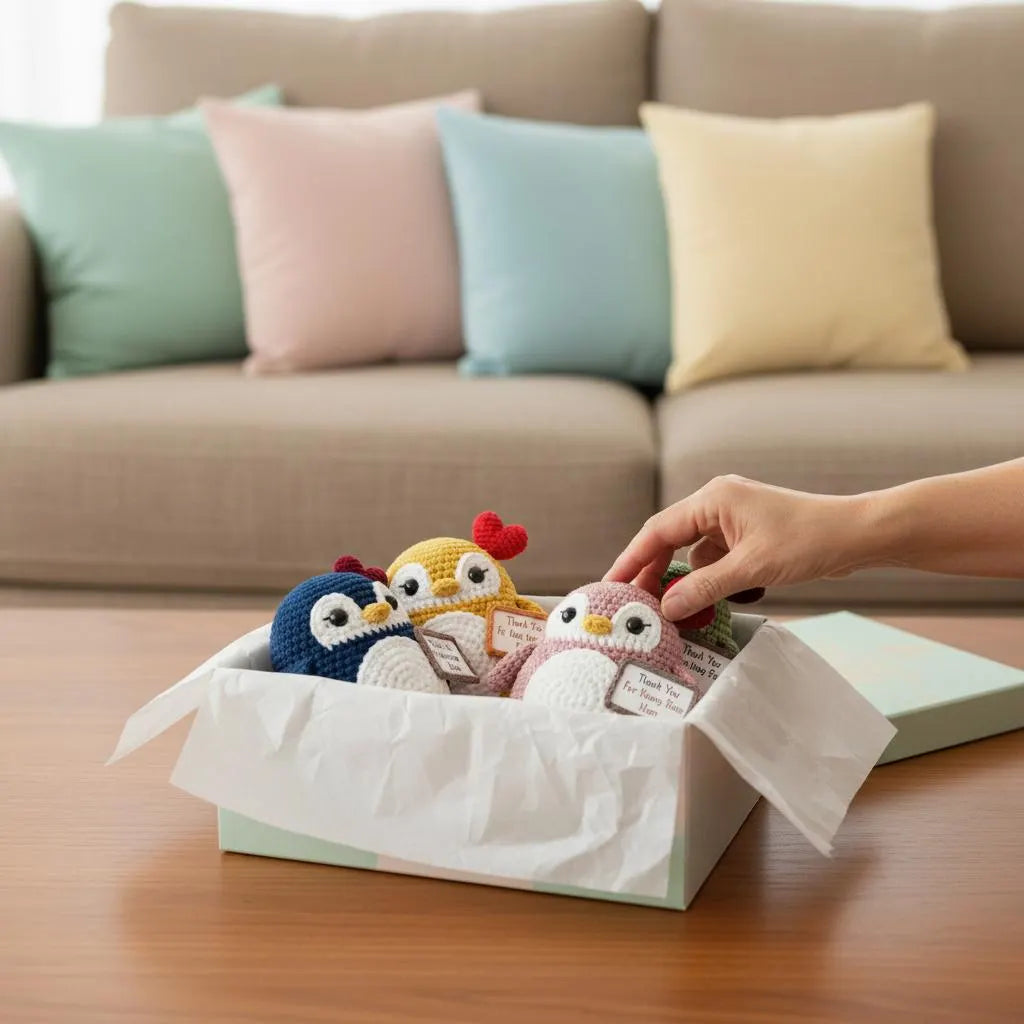 A hand placing a small crocheted owl toy into an open mint green gift box lined with white tissue paper, set on a wooden table in front of a sofa with pastel pillows.