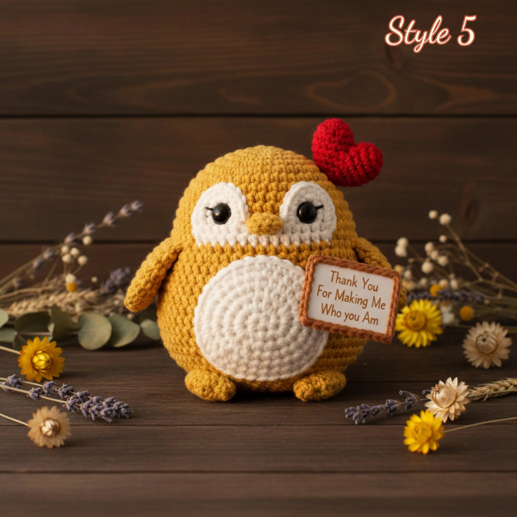A crocheted penguin plush toy in mustard yellow and cream, holding a small wooden sign that reads 'Thank You For Making Me Who You Are,' styled on a dark wood surface with dried flowers and greenery. A red heart sits on its head, and the words 'Style 5' appear in the top right.