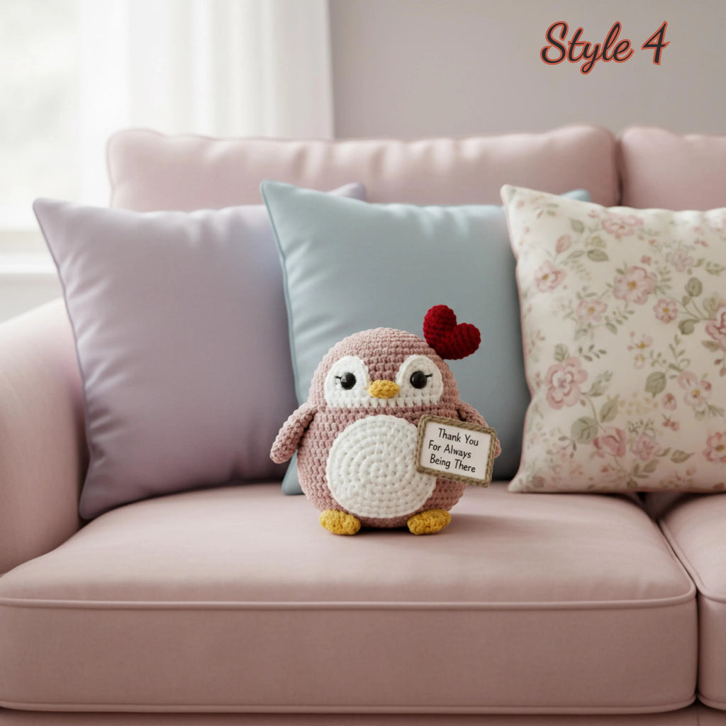 A crocheted penguin plush toy sits on a pink sofa with decorative pillows. The penguin is brown and white with yellow feet and a small red heart on its head, holding a small sign that reads 'Thank You For Always Being Here'.