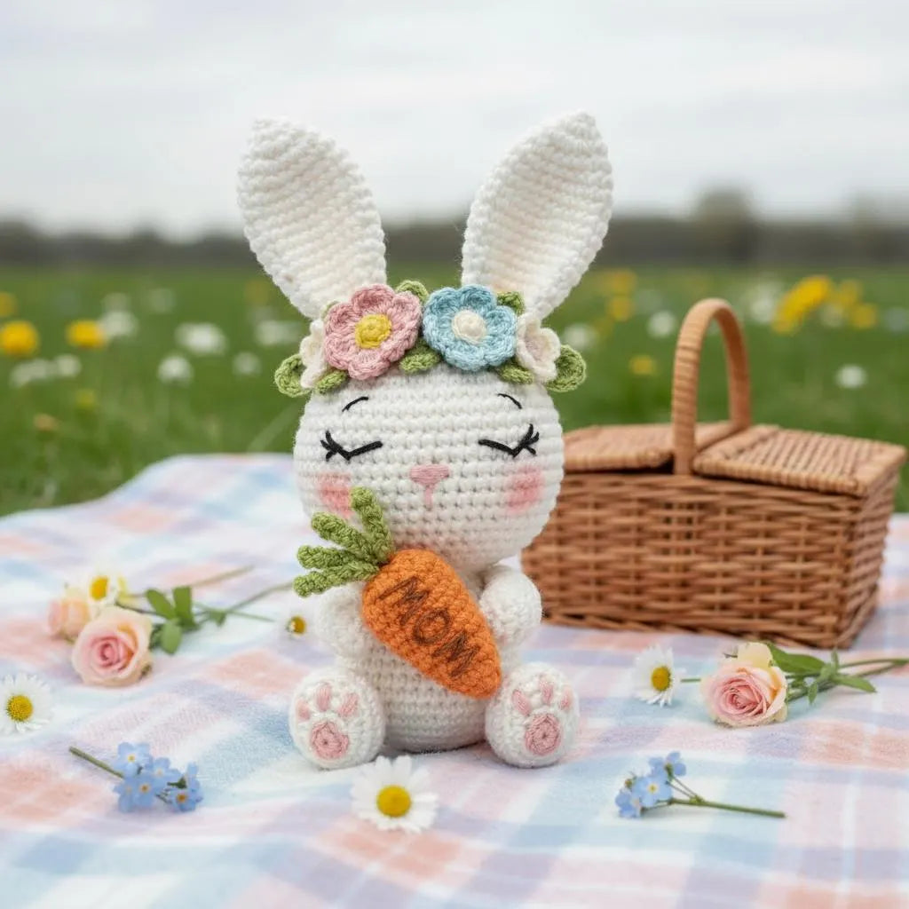 A crocheted bunny doll sits on a pastel picnic blanket in a grassy field, holding an orange carrot and wearing a flower crown. A wicker picnic basket is blurred in the background.