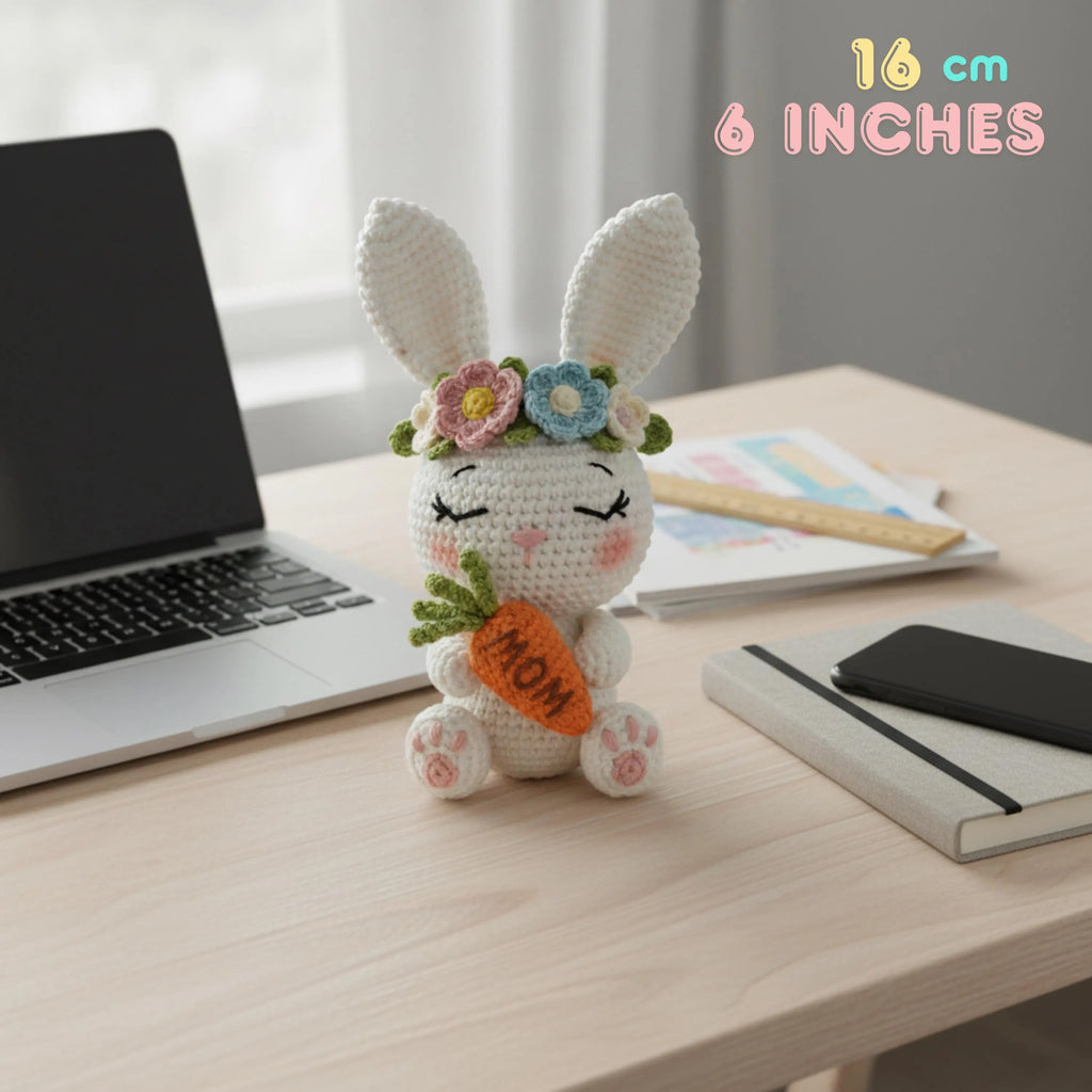 A crocheted white bunny plush holding an orange carrot with the word 'MOM' on it, placed on a light wood desk beside a laptop, notebook, and phone. The bunny wears a flower crown.