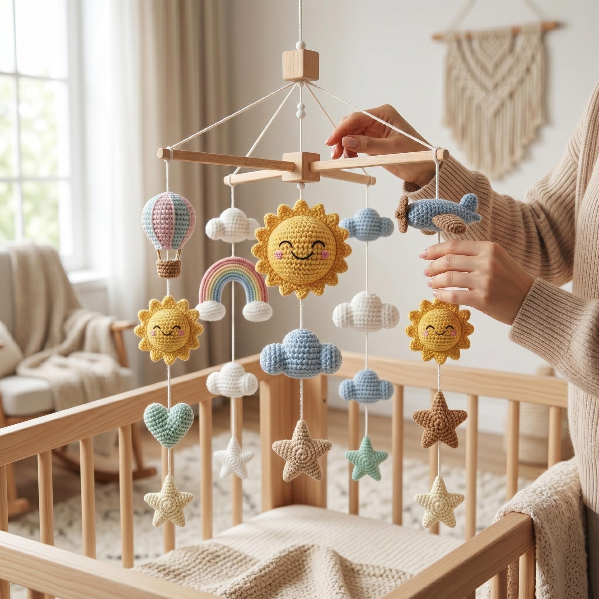 Handmade Sun & Rainbow Baby Mobile, Sky Theme Nursery Decor,