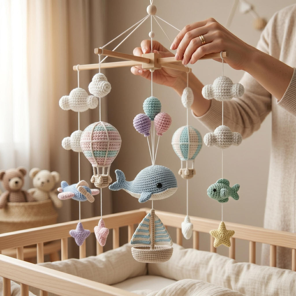 Ocean Whale Baby Mobile, Crochet Hot Air Balloon Airplane Crib Mobile
