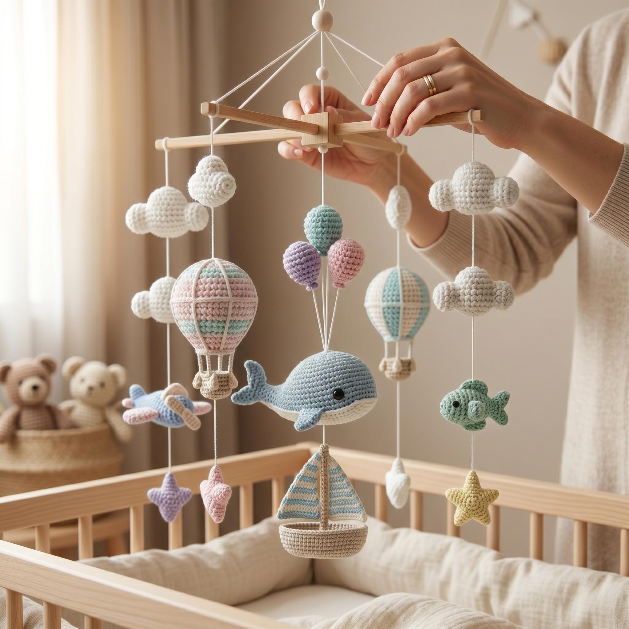 Ocean Whale Baby Mobile, Crochet Hot Air Balloon Airplane Crib Mobile