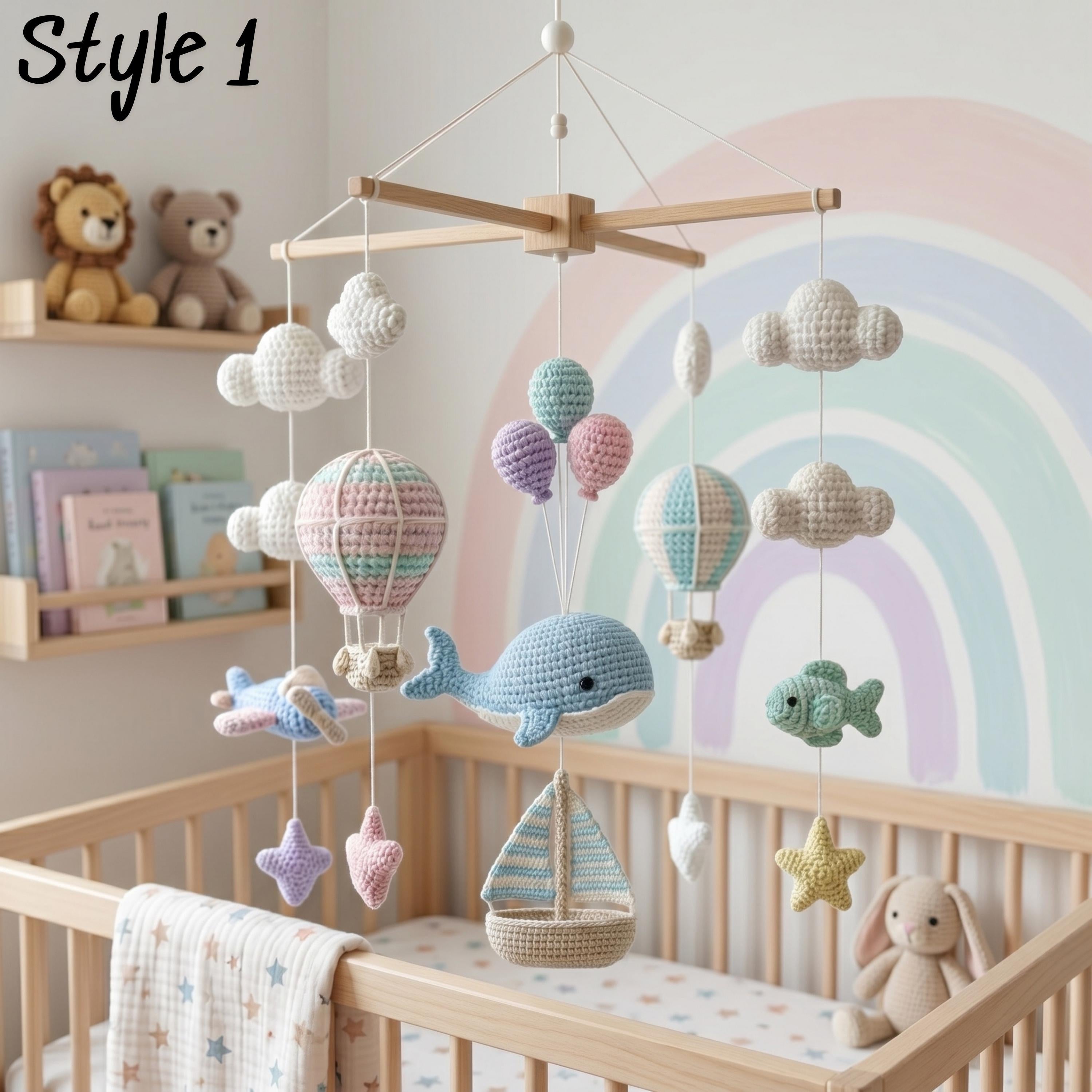 Ocean Whale Baby Mobile, Crochet Hot Air Balloon Airplane Crib Mobile
