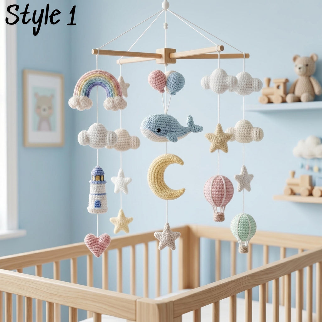 Ocean Baby Mobile, Crochet Whale Rainbow Lighthouse Crib Mobile