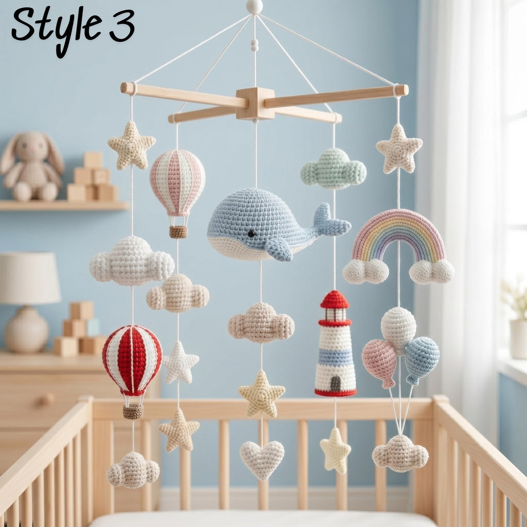 Ocean Baby Mobile, Crochet Whale Rainbow Lighthouse Crib Mobile