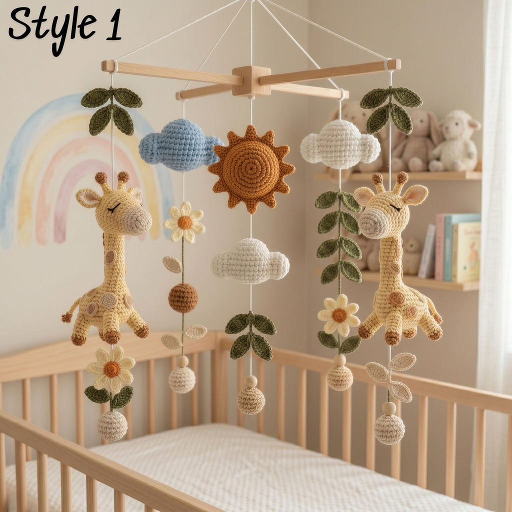 Giraffe Baby Mobile, Crochet Safari Crib Mobile with Sun Clouds Leaves