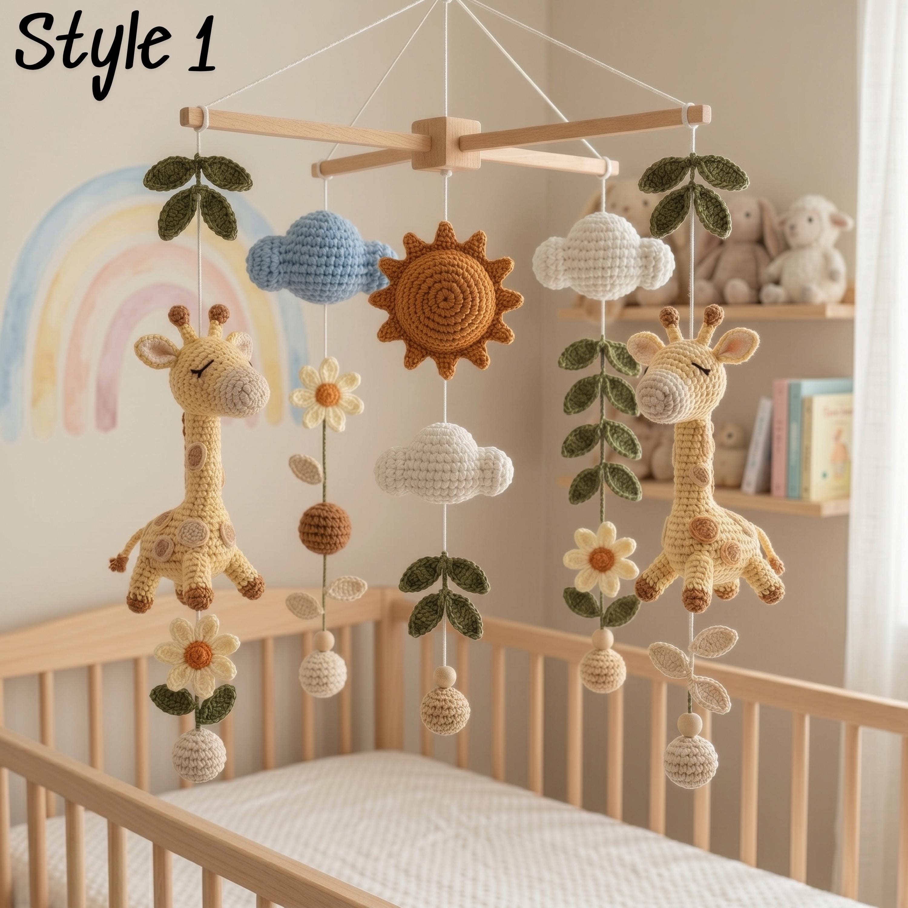 Giraffe Baby Mobile, Crochet Safari Crib Mobile with Sun Clouds Leaves