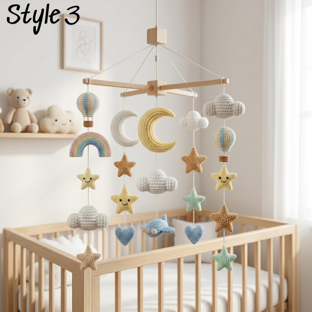 Rainbow Sun Baby Mobile, Crochet Star Cloud Airplane Crib Mobile