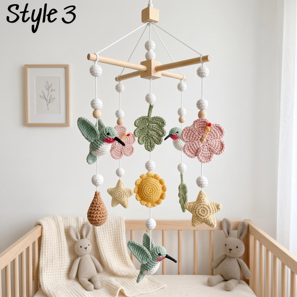 Hummingbird Baby Mobile, Crochet Flower Bird Crib Mobile