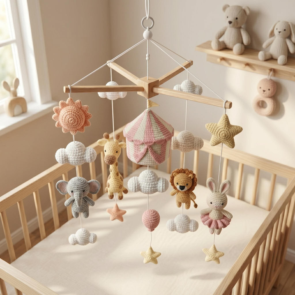 Handmade Circus Animal Baby Mobile, Elephant Giraffe Nursery Decor