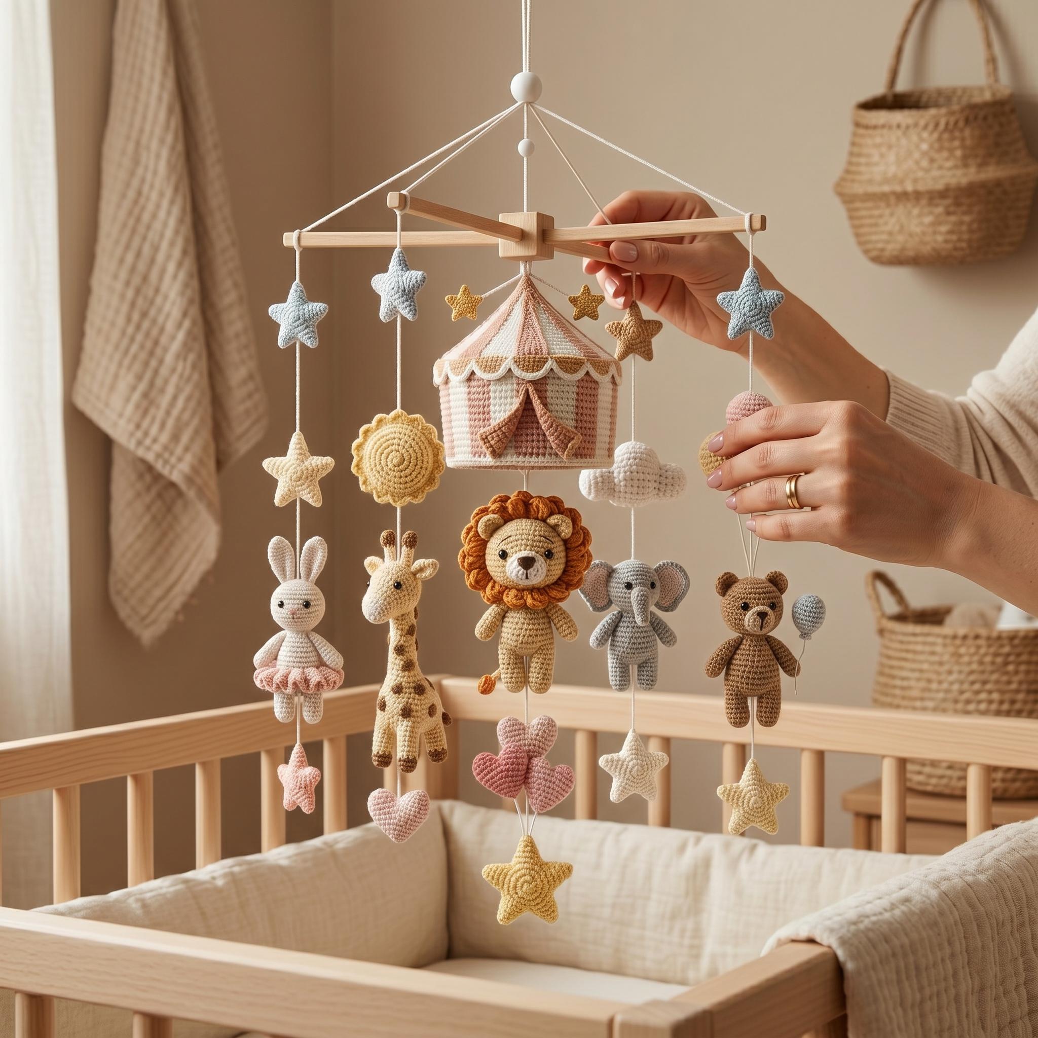 Handmade Circus Animal Baby Mobile, Elephant Giraffe Nursery Decor