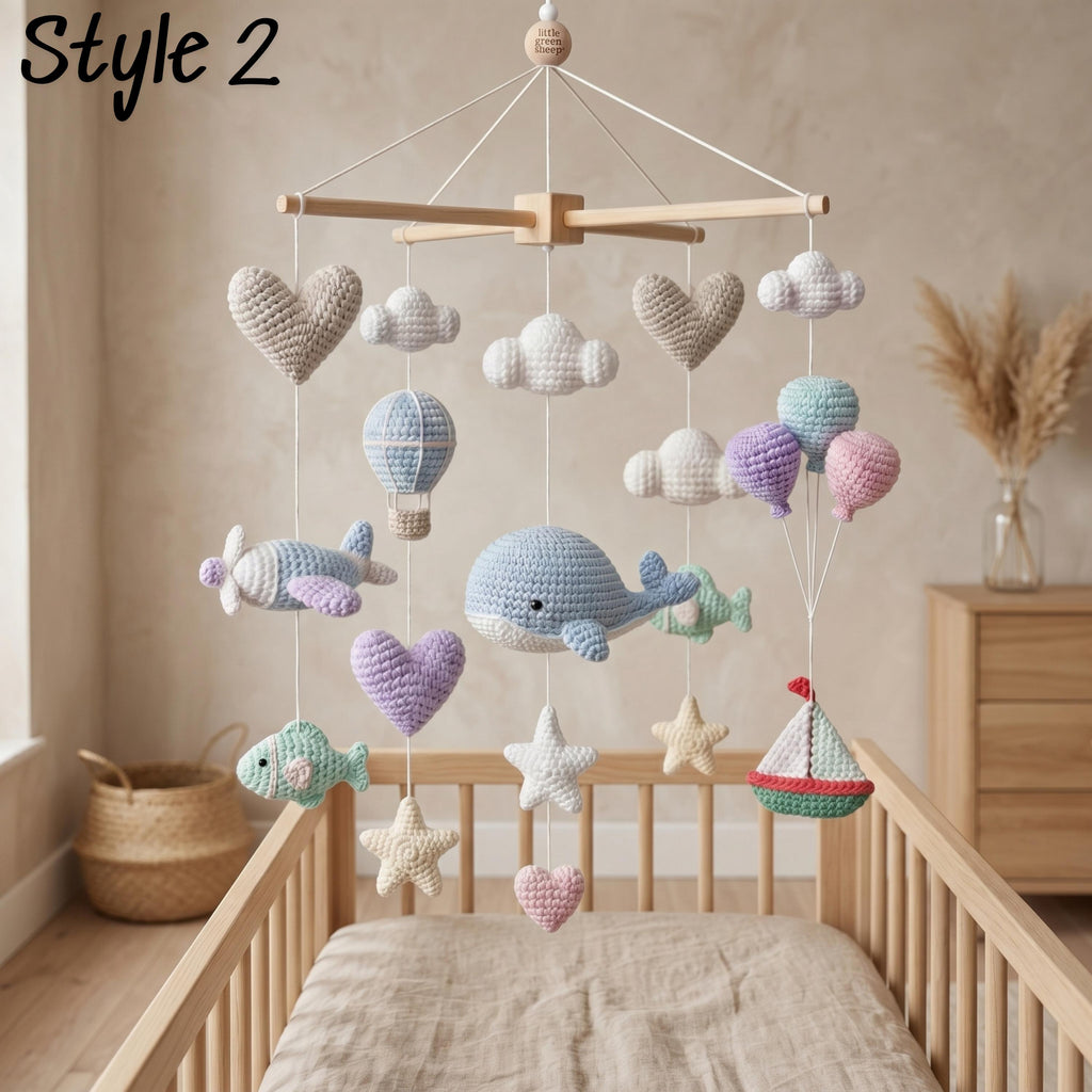 Ocean Whale Baby Mobile, Crochet Hot Air Balloon Airplane Crib Mobile