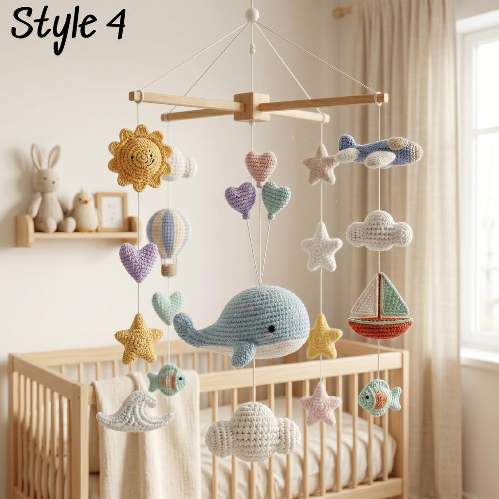 Ocean Whale Baby Mobile, Crochet Hot Air Balloon Airplane Crib Mobile