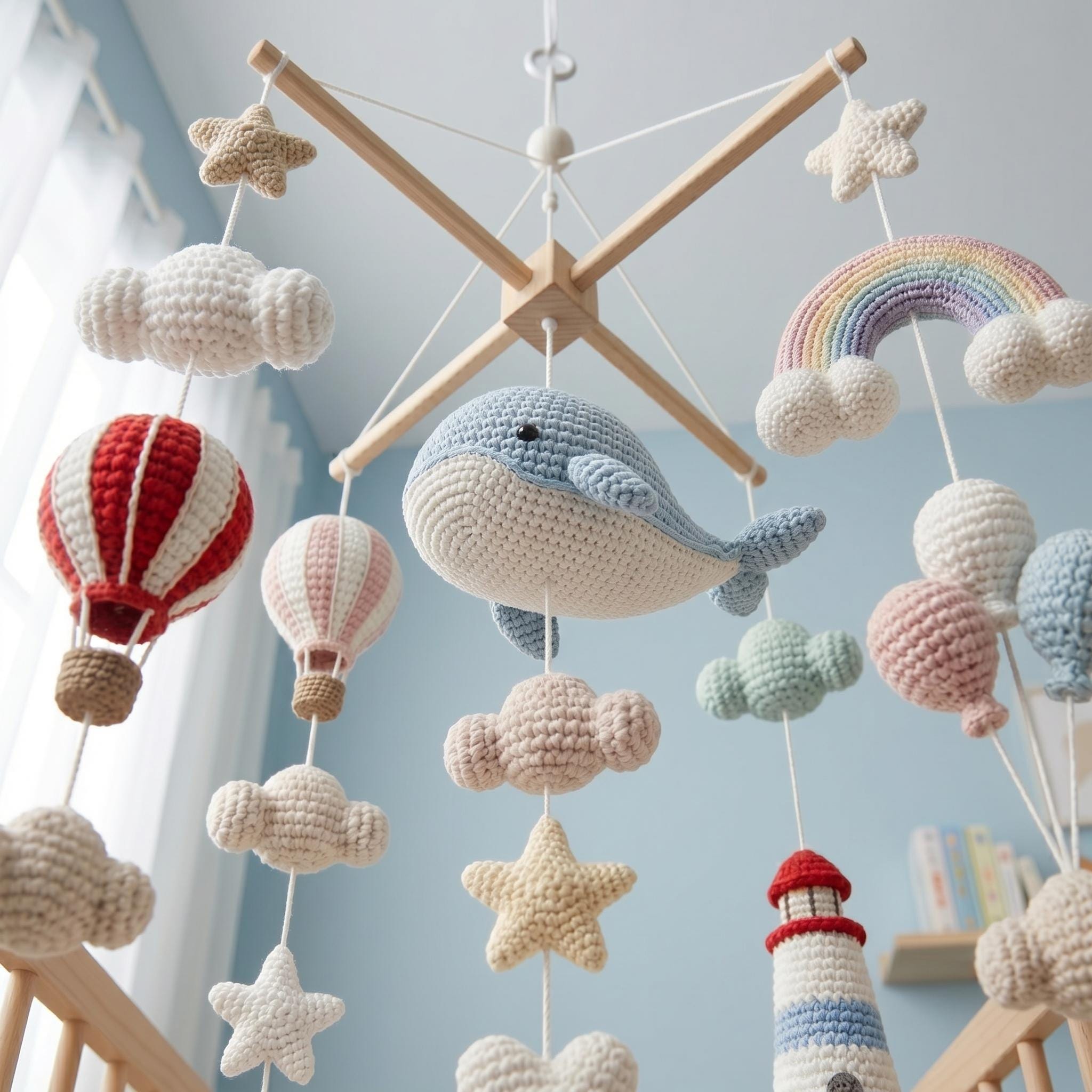 Ocean Baby Mobile, Crochet Whale Rainbow Lighthouse Crib Mobile