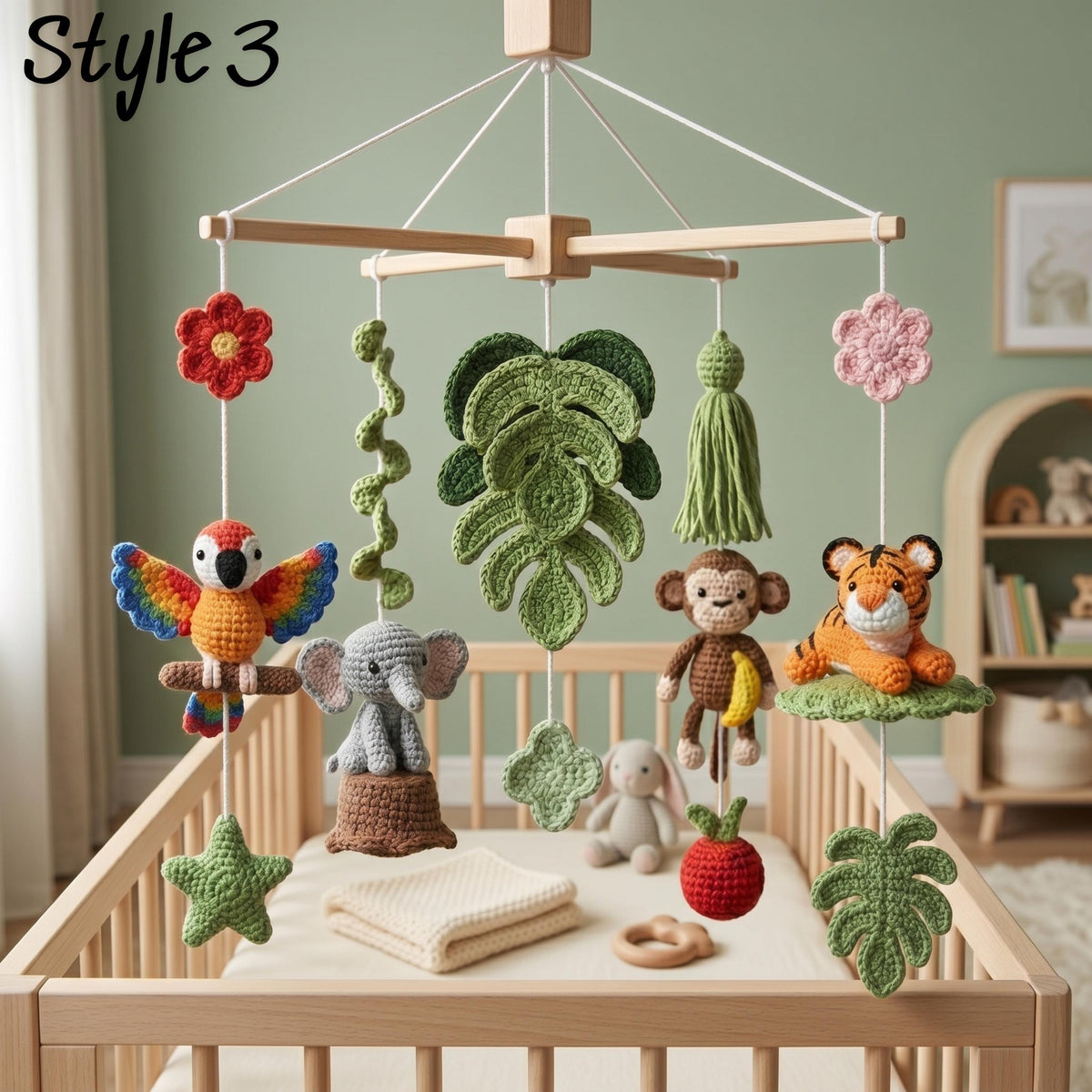 Crochet jungle baby mobile with parrot, elephant, monkey, tiger, tropical leaves and flowers
