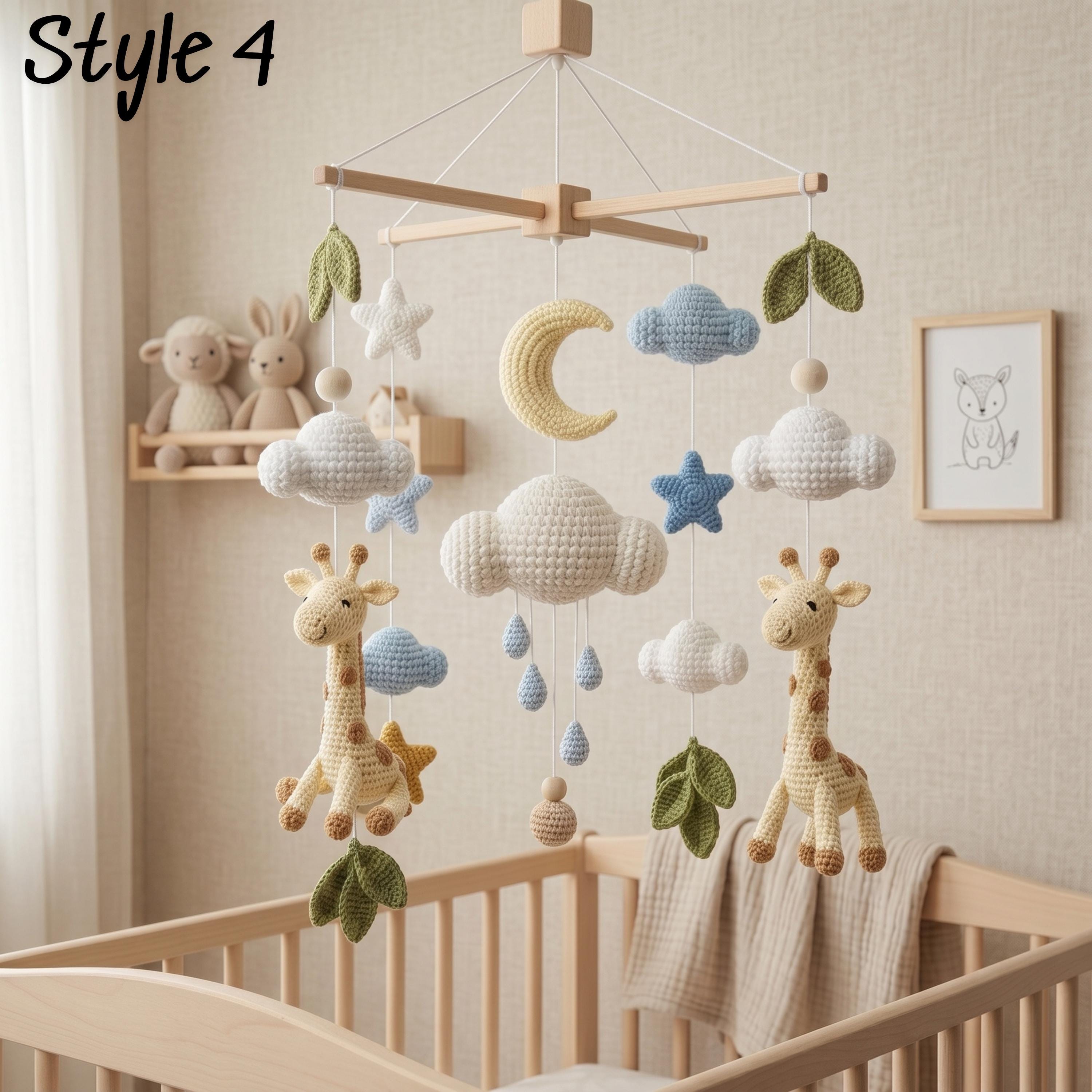 Giraffe Baby Mobile, Crochet Safari Crib Mobile with Sun Clouds Leaves