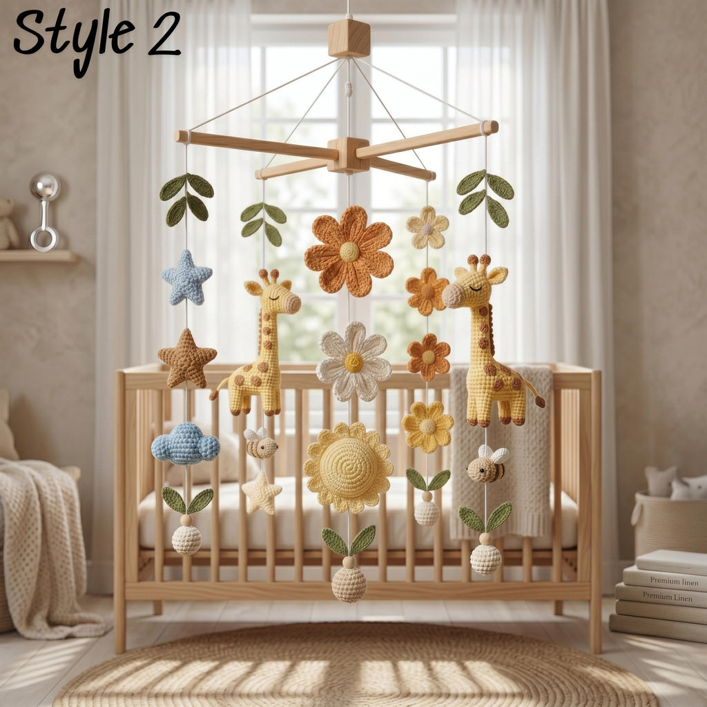 Giraffe Baby Mobile, Crochet Safari Crib Mobile with Sun Clouds Leaves