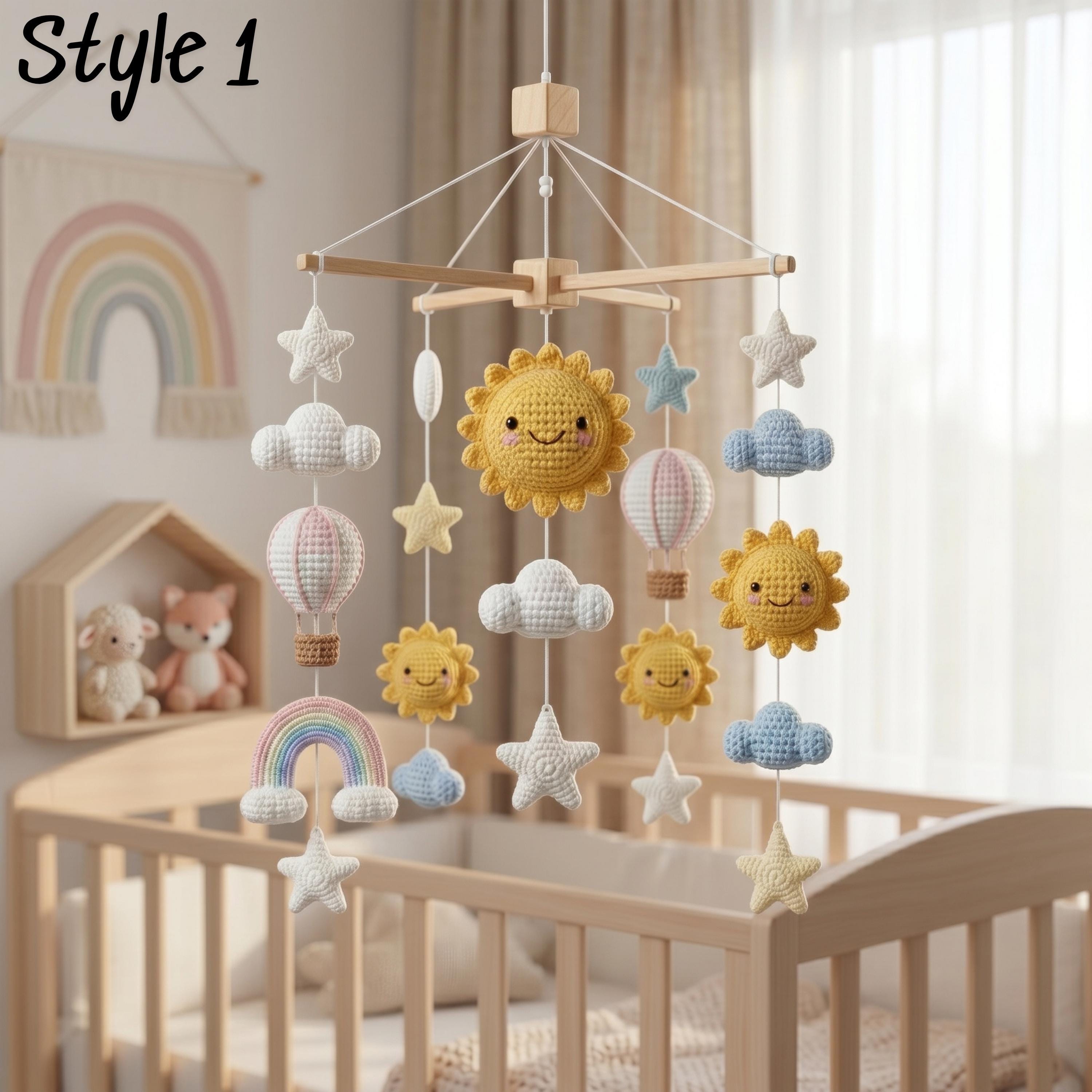 Rainbow Sun Baby Mobile, Crochet Star Cloud Airplane Crib Mobile