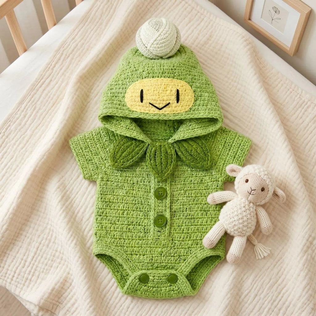 Crochet Baby Outfit, Little Sprout Green Hooded Romper, Plant Baby Costume, Newborn Photo Prop, Garden Baby Shower Gift