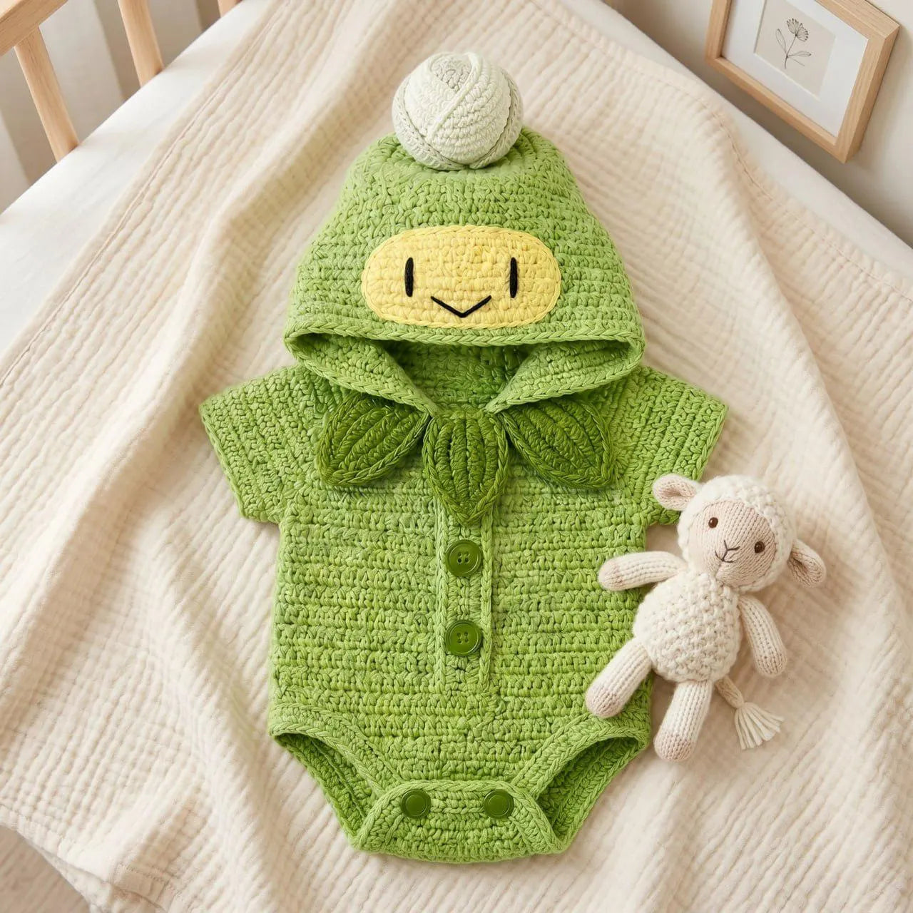 Crochet Baby Outfit, Little Sprout Green Hooded Romper, Plant Baby Costume, Newborn Photo Prop, Garden Baby Shower Gift
