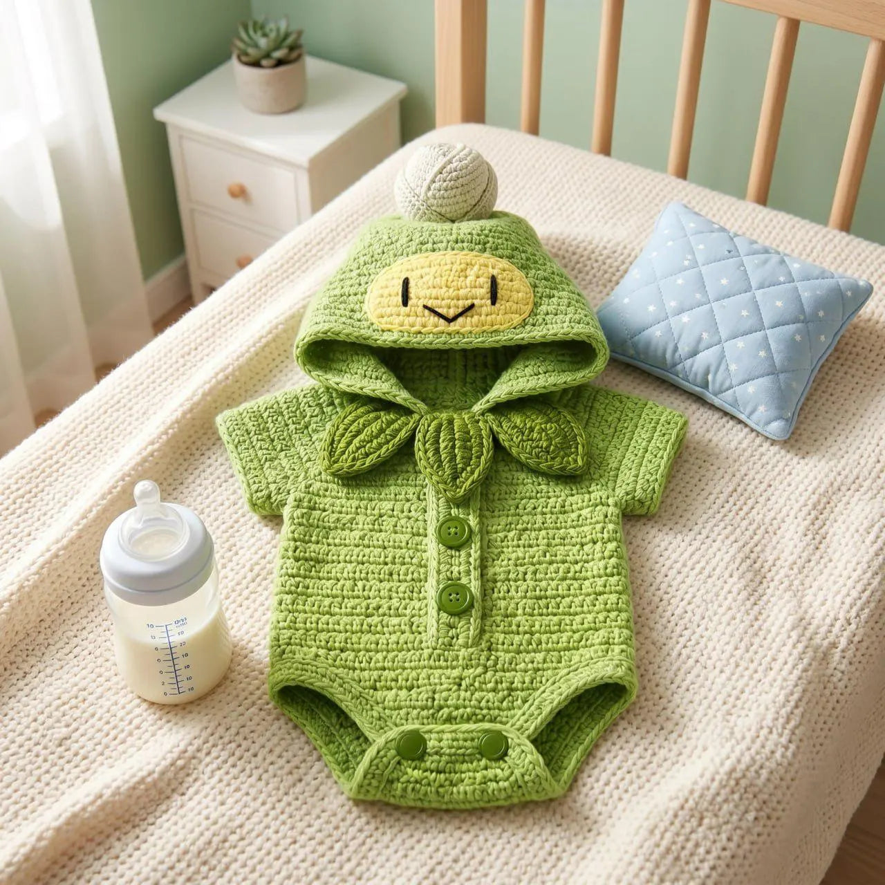 Crochet Baby Outfit, Little Sprout Green Hooded Romper, Plant Baby Costume, Newborn Photo Prop, Garden Baby Shower Gift
