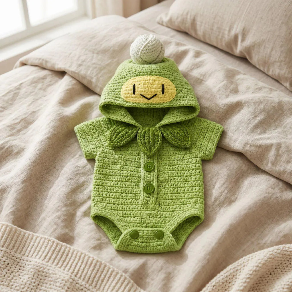Crochet Baby Outfit, Little Sprout Green Hooded Romper, Plant Baby Costume, Newborn Photo Prop, Garden Baby Shower Gift