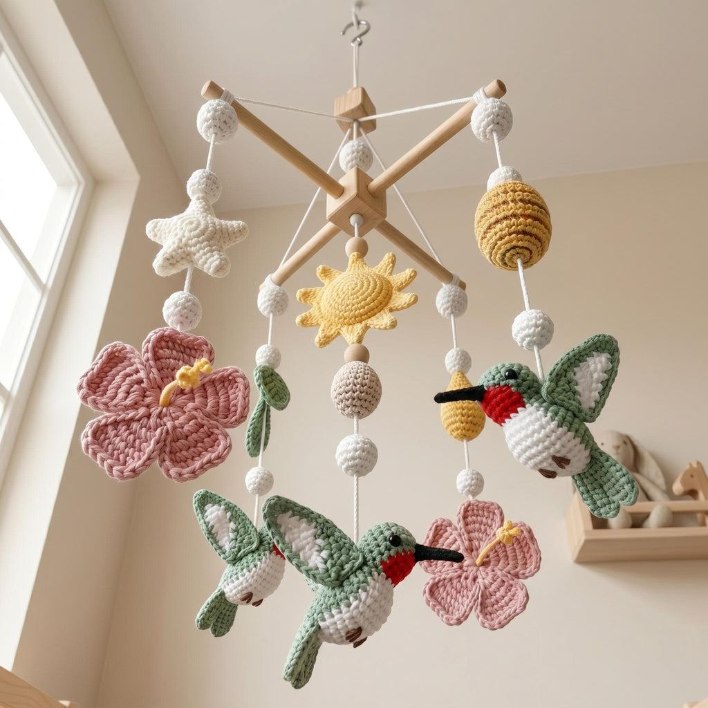 Hummingbird Baby Mobile, Crochet Flower Bird Crib Mobile