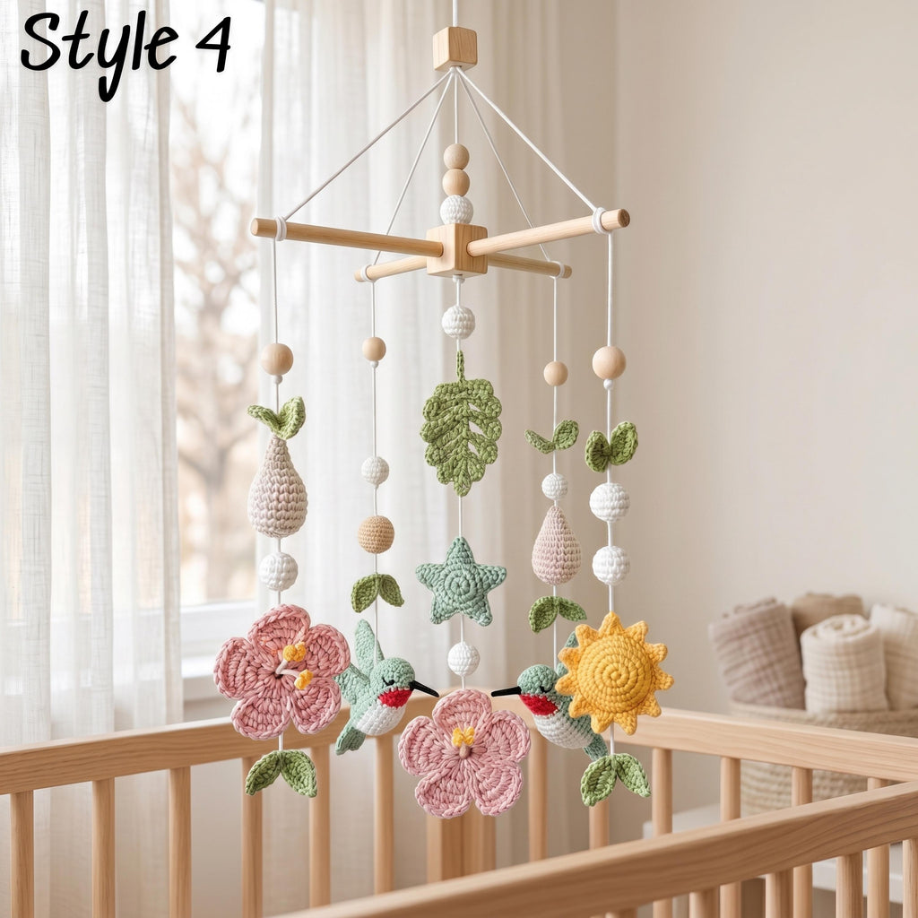 Hummingbird Baby Mobile, Crochet Flower Bird Crib Mobile