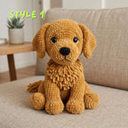 A plush golden-brown dog toy made of textured corduroy-like fabric sits on a beige sofa in a real indoor setting, with a small side table and plant visible in the background. The text 'STYLE 1' appears in the upper left.