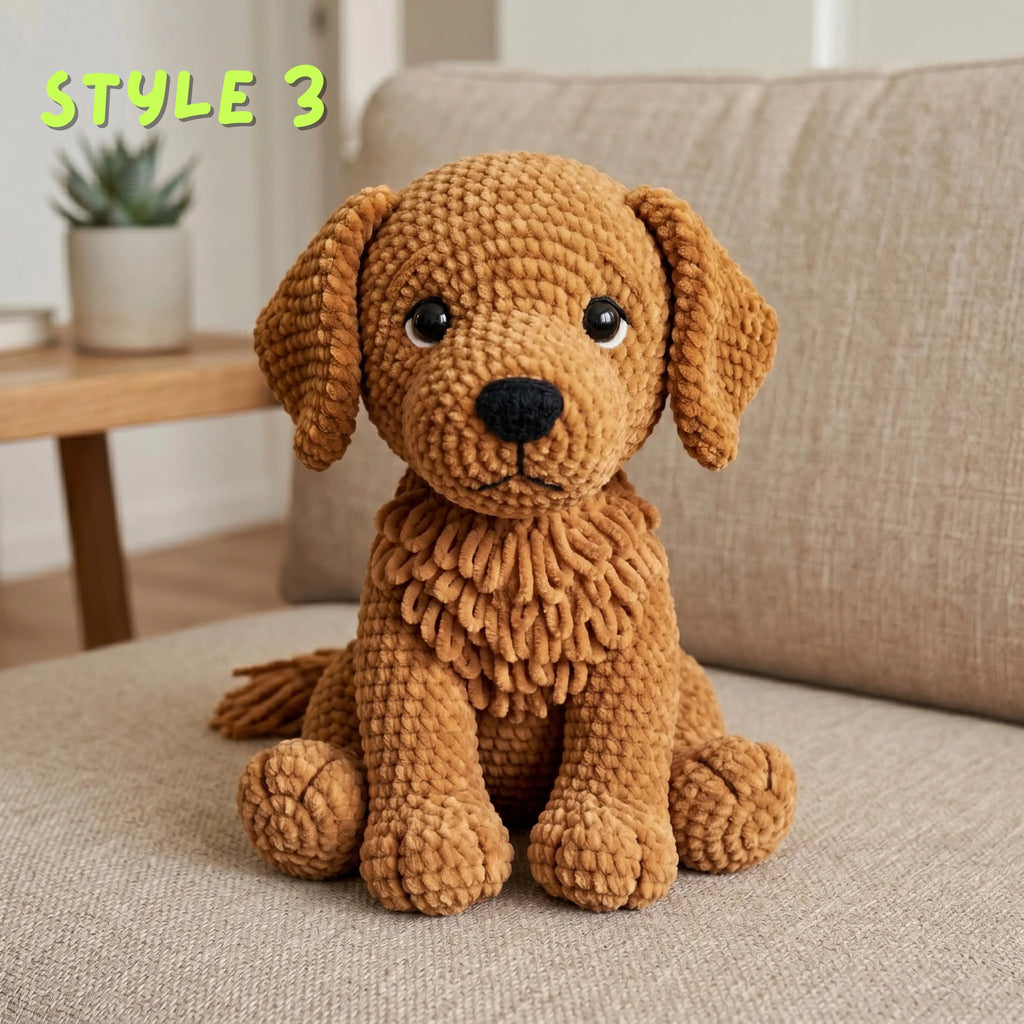 A brown textured plush dog toy with floppy ears, large black eyes, and a black nose, sitting on a beige sofa in a living room setting. The text 'STYLE 3' is written in green in the upper left corner.