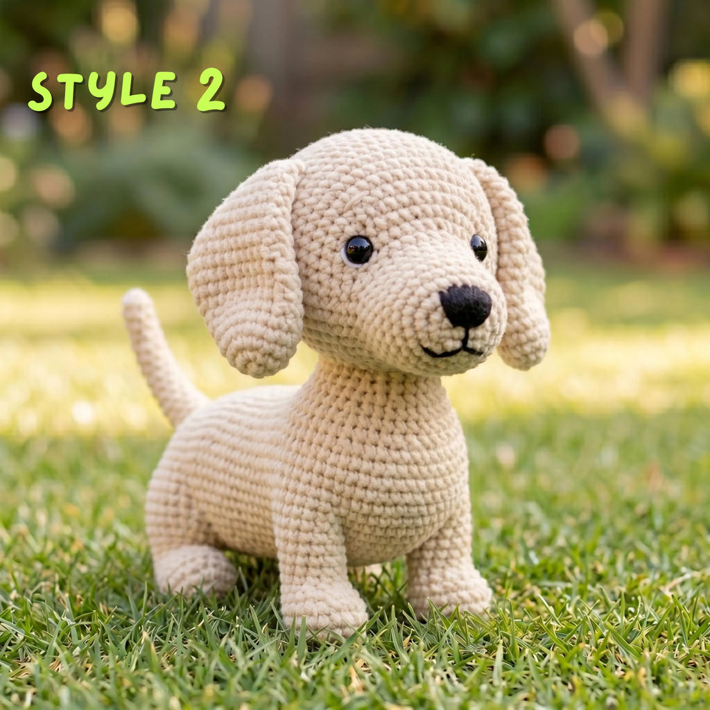 A crocheted plush puppy toy in a light beige color stands on green grass outdoors, with a soft blurred garden background and the text 'STYLE 2' in the top left corner.