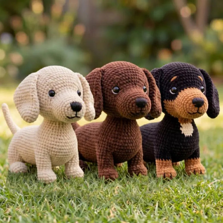Three crocheted dachshund dog toys in cream, brown, and black-and-tan are standing on green grass outdoors with a blurred garden background.