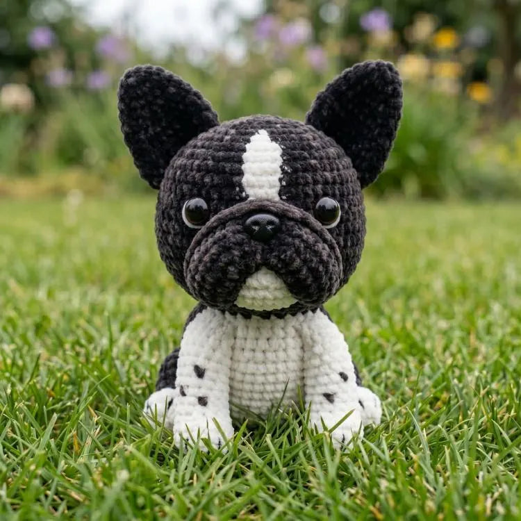Handmade black and white crochet French Bulldog amigurumi plushie sitting on green lawn grass.