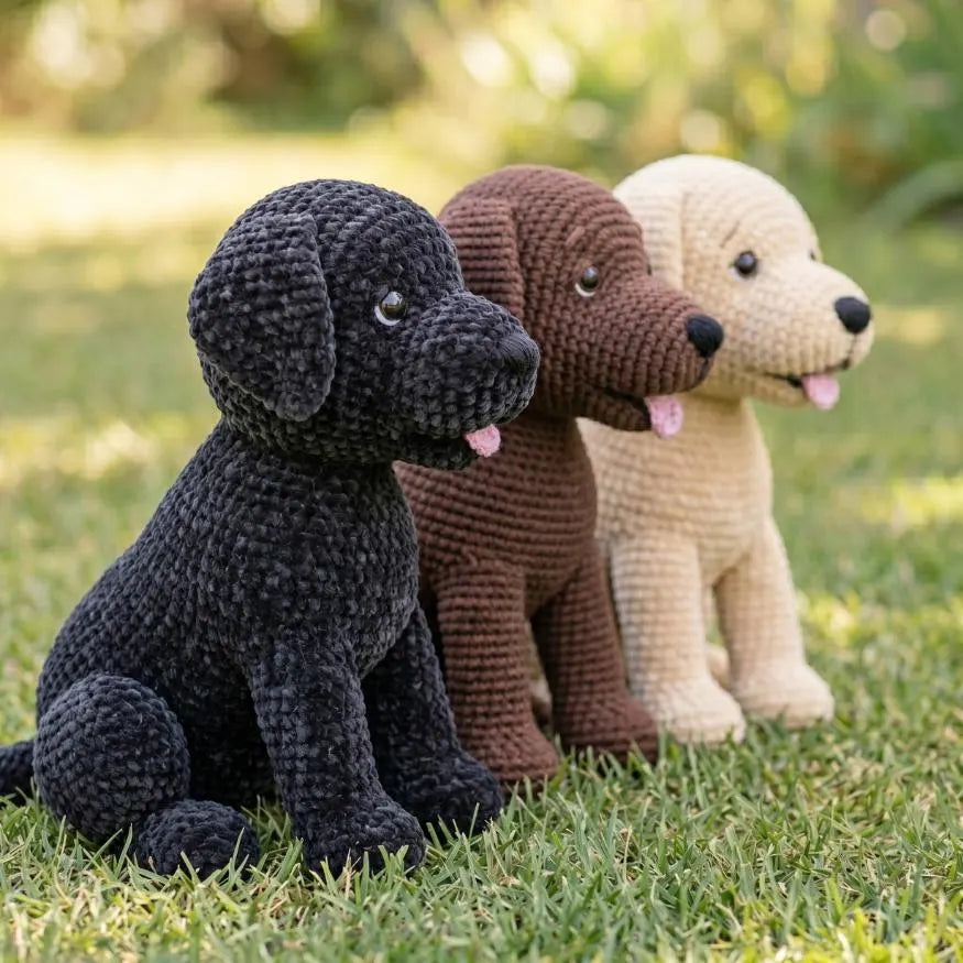 Three crocheted dog toys shaped like Labrador Retrievers in black, brown, and cream, sitting on a green grassy lawn with a soft-focus garden background.