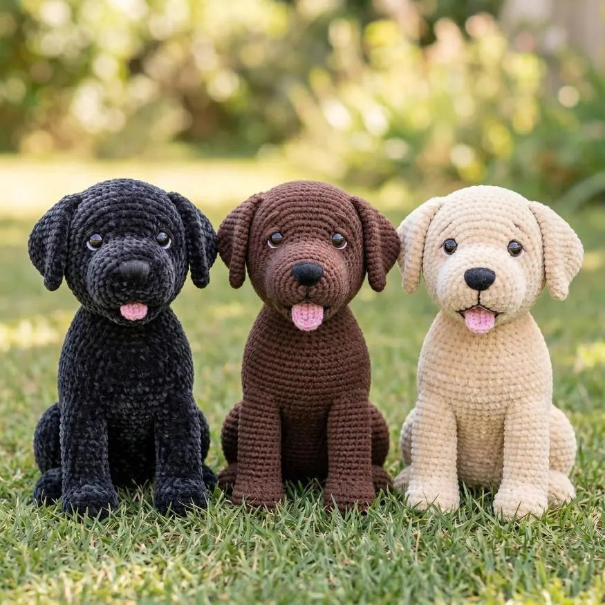 Three crocheted dog toys sitting on green grass outdoors, with a blurred garden background. The toys are in black, brown, and light beige colors, each with pink tongues and black noses.