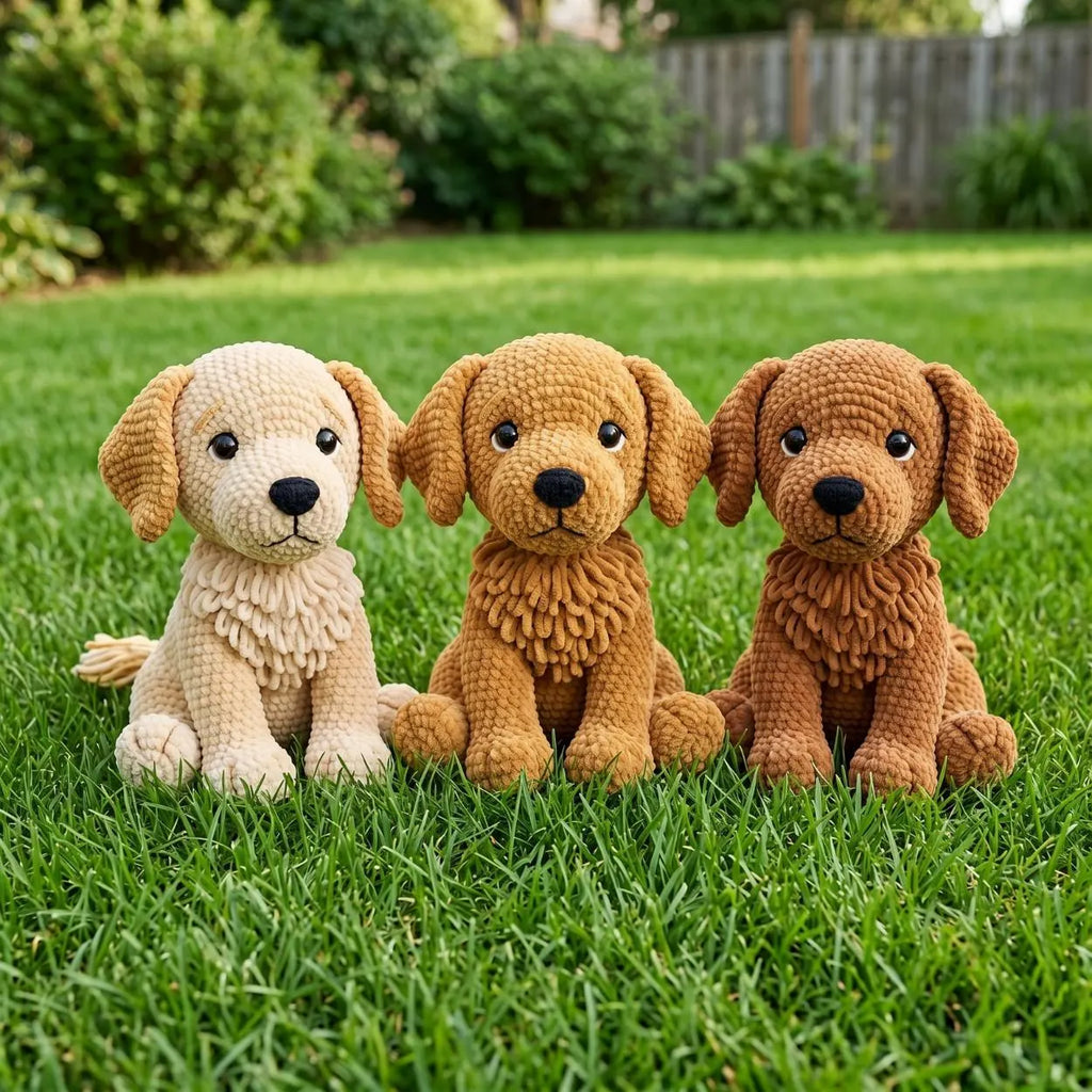 Three crocheted plush puppy toys in cream, tan, and reddish-brown sit on a green lawn with a blurred garden background.