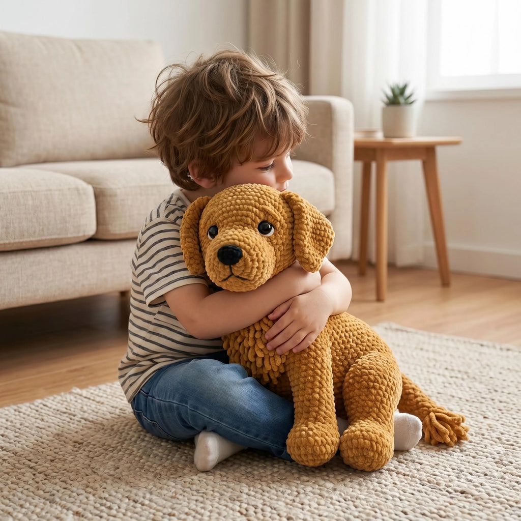 A young child with brown hair sits on a woven rug in a living room, hugging a golden-brown crocheted plush dog toy. The child is wearing a beige and navy striped t-shirt and blue jeans.