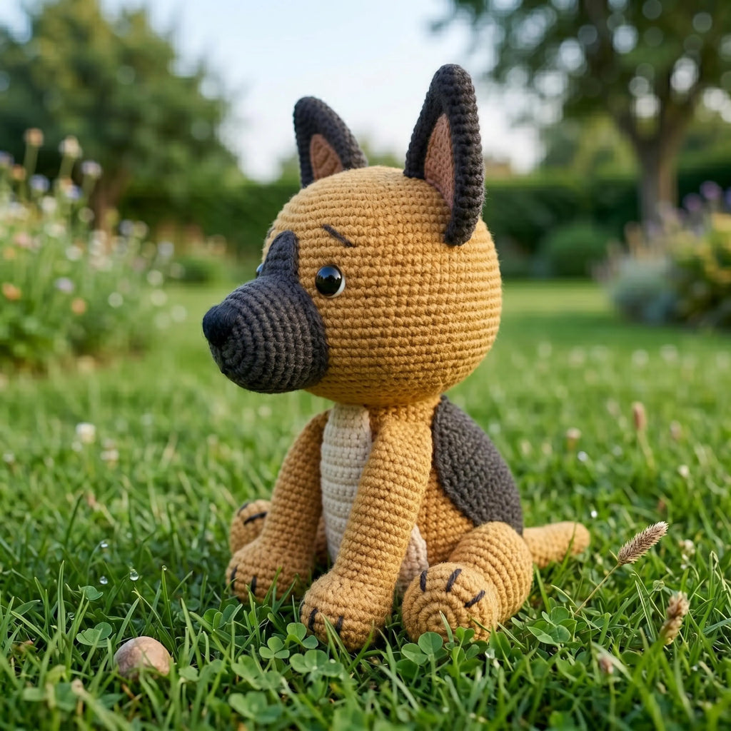 A crocheted dog toy with a tan body, dark brown ears and muzzle, and a cream chest patch, sitting on a green grassy lawn in an outdoor garden setting.
