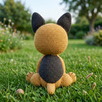 A crocheted amigurumi dog toy sits on a green grassy lawn in an outdoor garden setting, viewed from behind to show its dark charcoal ears, back, and tail, and its mustard yellow head and paws.