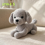 A crocheted gray poodle doll sitting on a beige fabric sofa, with the text 'STYLE 5' in the top left corner.