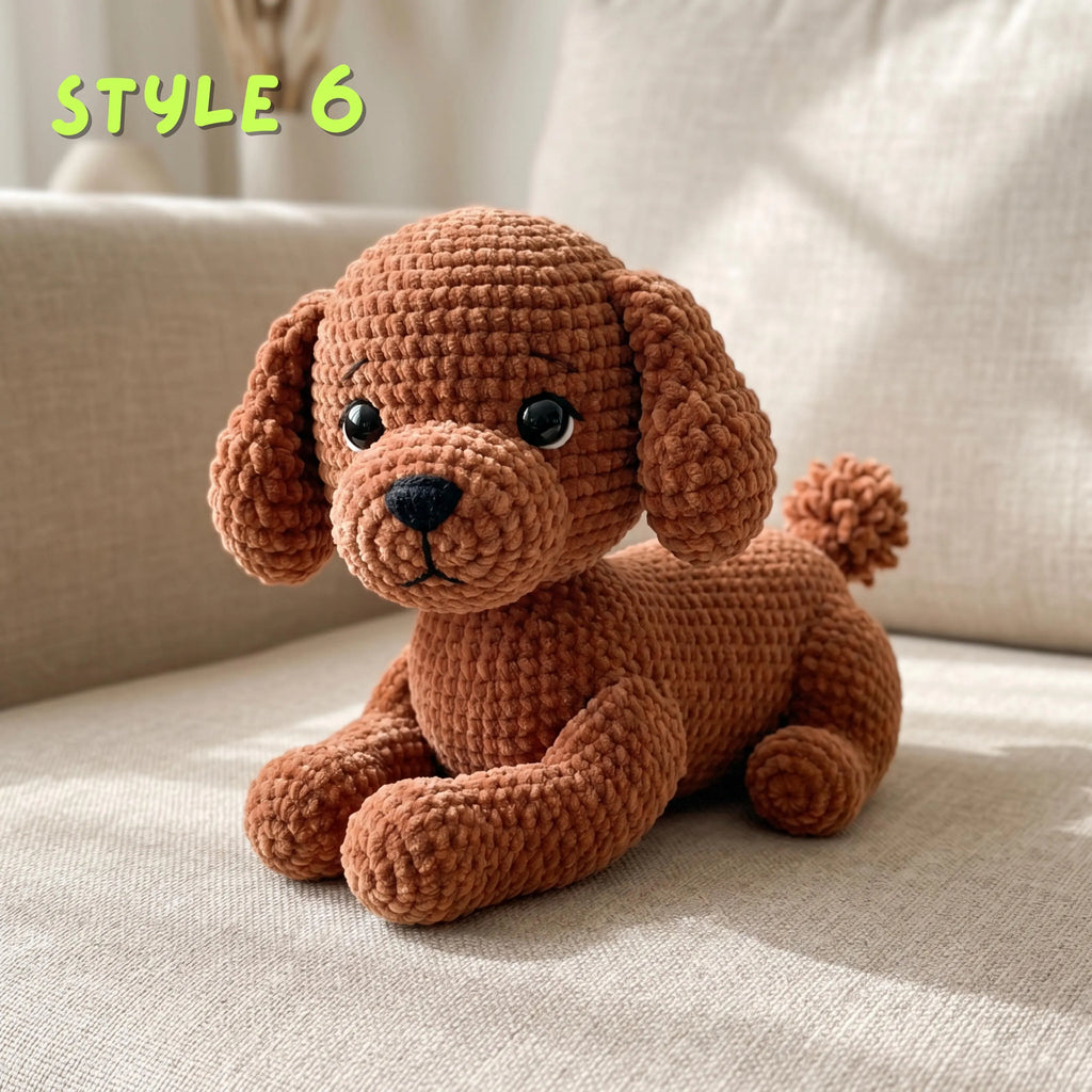 A crocheted brown puppy toy sitting on a light beige fabric sofa, with the text 'STYLE 6' in green in the top left corner.