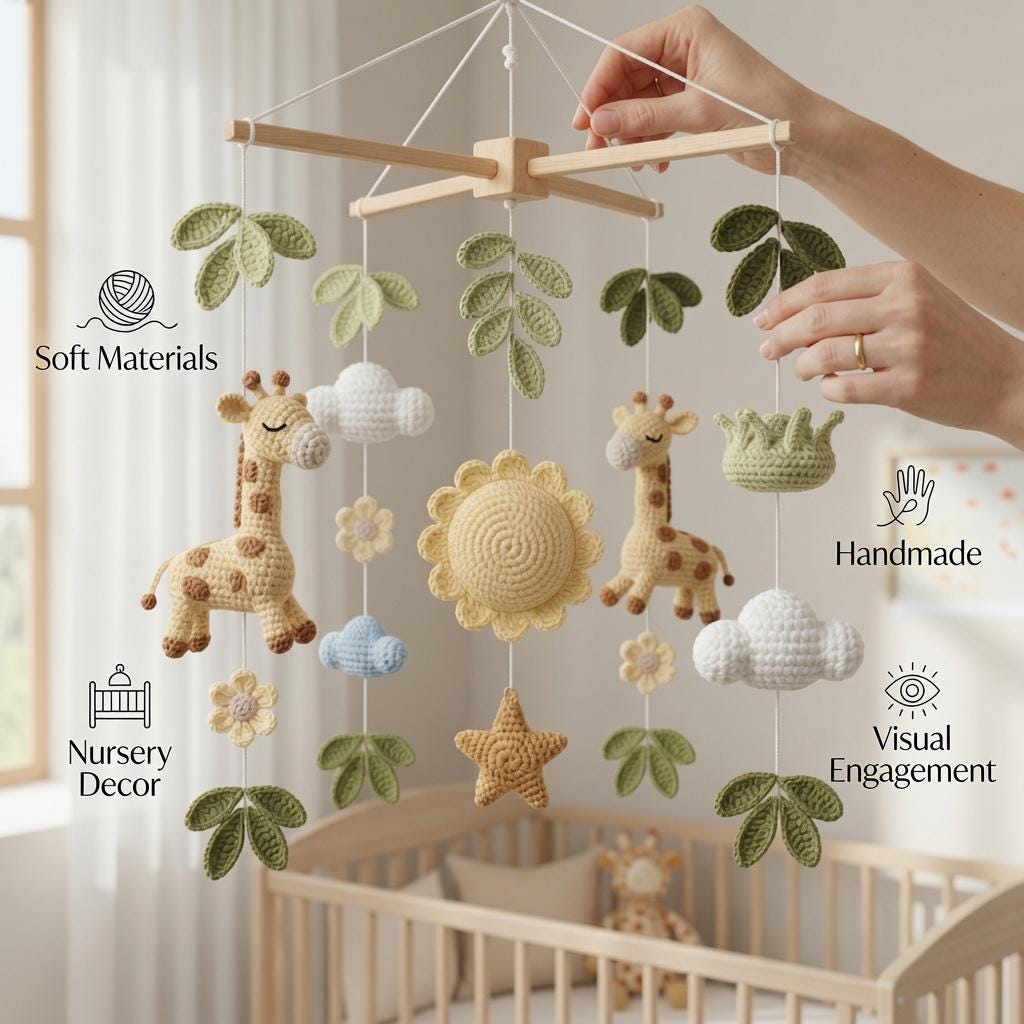 Giraffe Baby Mobile, Crochet Safari Crib Mobile with Sun Clouds Leaves
