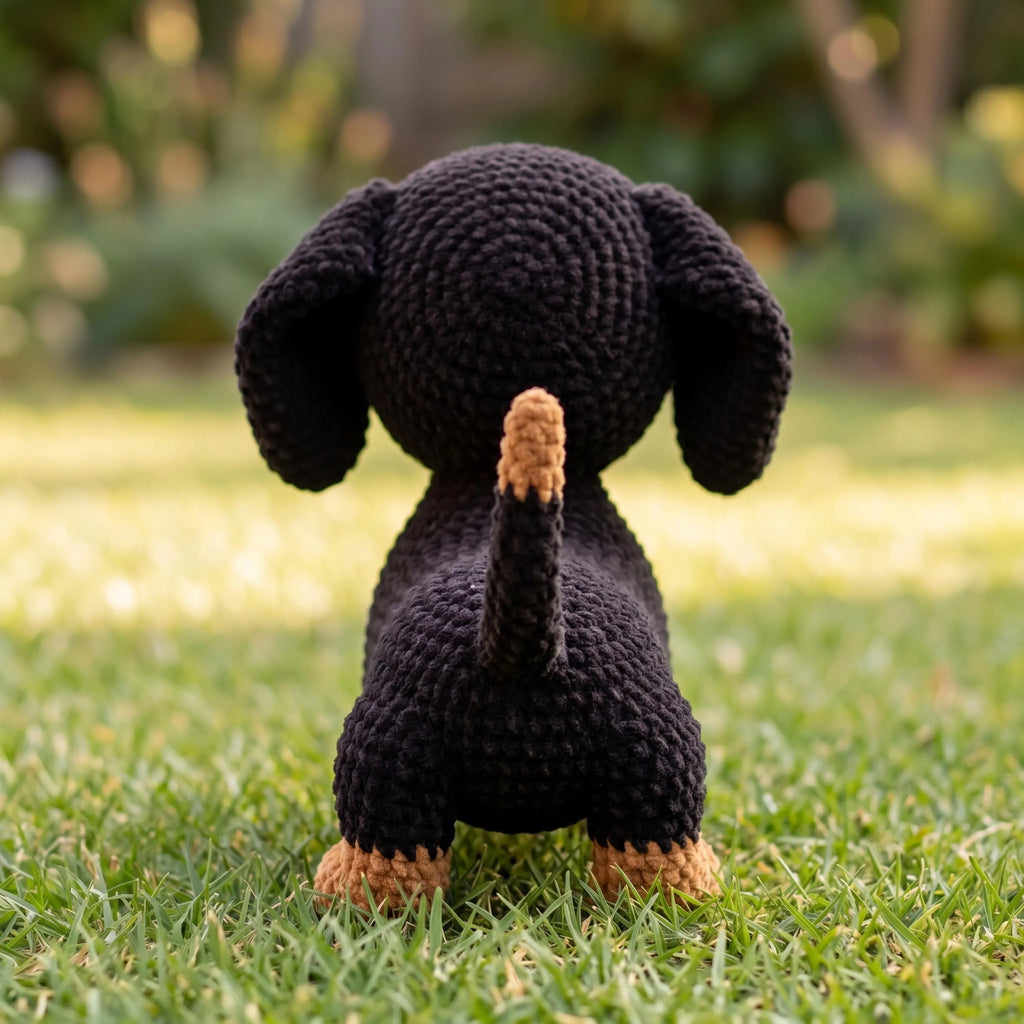 A black crocheted dachshund toy dog with tan paws and tail tip, photographed from behind on a green grass lawn with a blurred garden background.